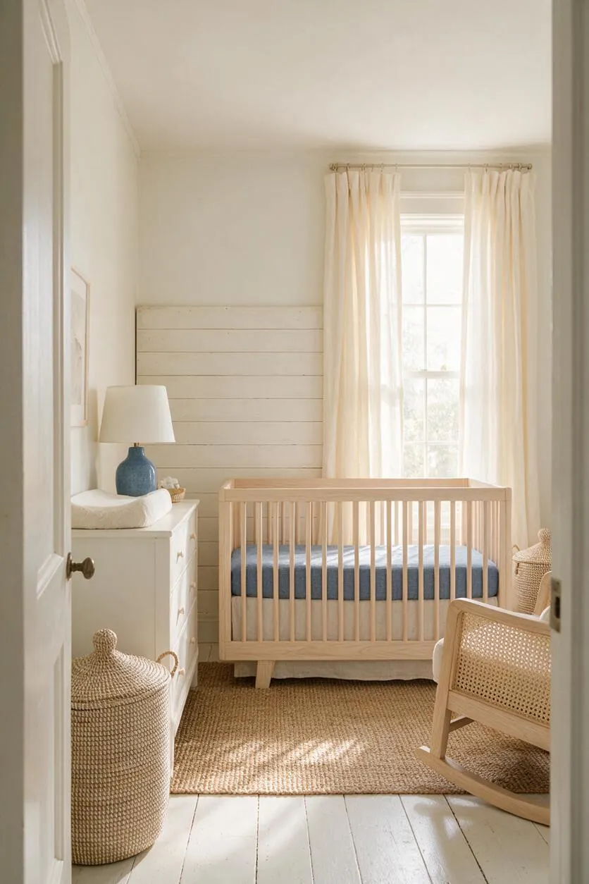 A bright coastal nursery with a light wood crib centered by a sunlit window, cream curtains, and a white dresser topped with a blue lamp and changing pad. Natural woven baskets, a jute rug, and a cane rocking chair add soft texture to the neutral room.