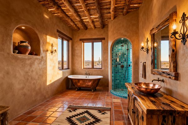 A Southwestern bathroom with warm adobe-plastered walls and terracotta floor tiles features a ceiling of exposed vigas and latillas. A clawfoot copper tub sits below two wood-trimmed windows facing the desert, beside an arched shower lined in glossy turquoise tiles; opposite, a rustic reclaimed-wood vanity holds a hammered copper vessel sink, framed by a timber mirror, wrought-iron sconces, a towel ring, and a patterned rug on the floor.