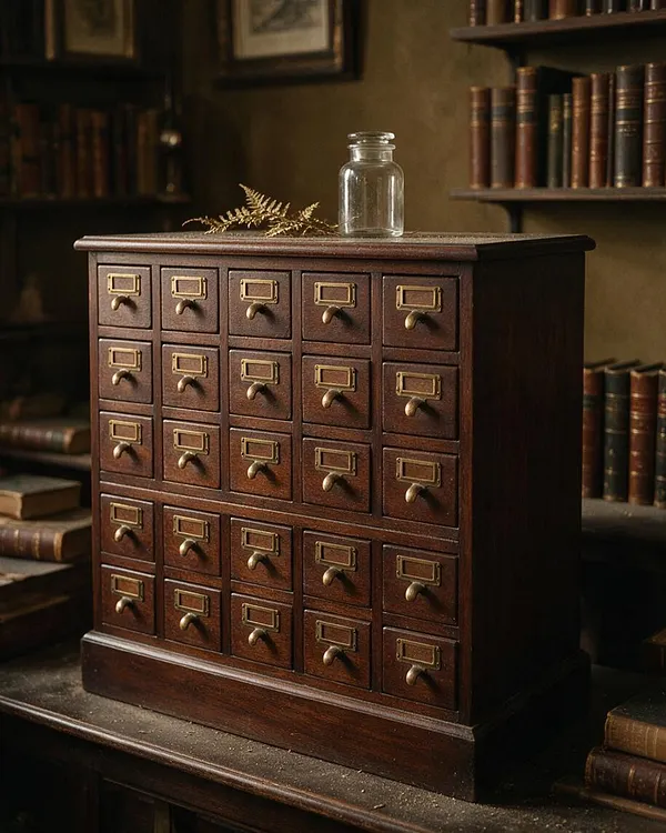 A small dark wood apothecary-style cabinet with many tiny drawers and brass label pulls sits on a worn wooden surface. A clear glass jar and dried fern rest on top, while shelves of old books blur into the dim, library-like background.