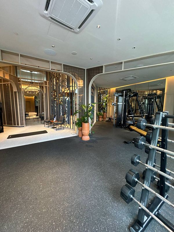A modern gym interior featuring various workout equipment and a stylish design.