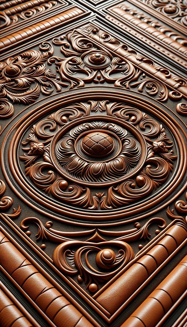 A close-up image of an embossed leather panel with intricate patterns, showcasing the raised design elements in a luxurious setting.