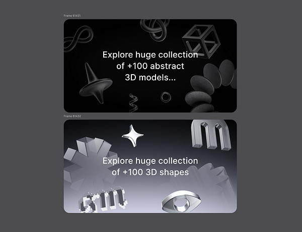 The image features two cards showcasing abstract 3D models and shapes.