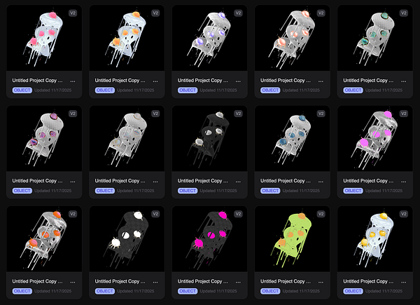 A grid of 12 3D object thumbnails showcasing various designs with colorful materials.