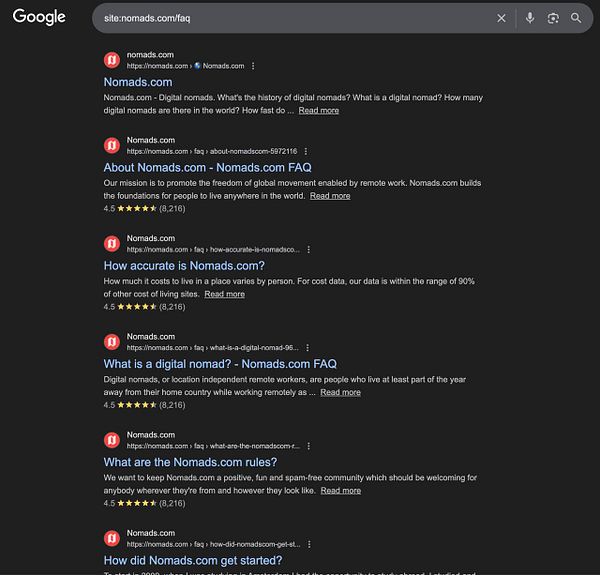 Screenshot of a Google search result page displaying FAQ subpages related to 'nomads' with expandable questions and answers.