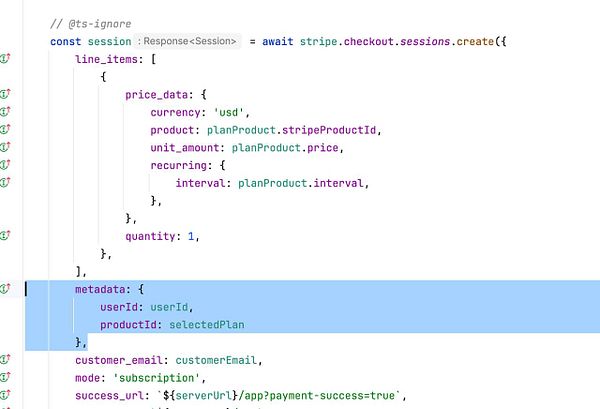The image displays a code snippet related to creating a Stripe checkout session.
