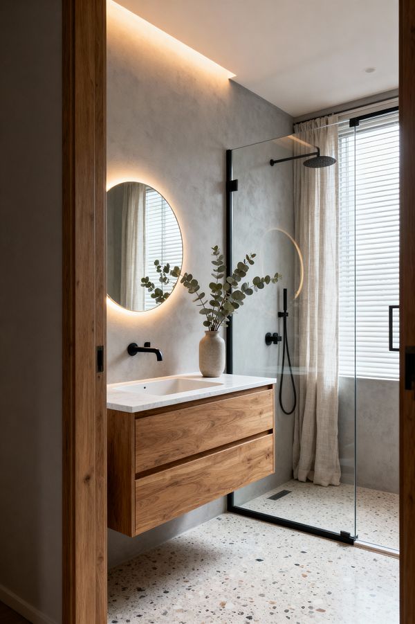 A Scandinavian-style bathroom with a floating oak wood vanity topped by a white countertop and integrated sink. A round backlit mirror glows against light gray microcement walls, while matte black wall-mounted faucet and shower fixtures add contrast. The walk-in shower has clear glass with black framing, a rain head, and linear drain. Terrazzo flooring, a window with blinds and a sheer linen curtain, and a stone vase with eucalyptus complete the calm setting.