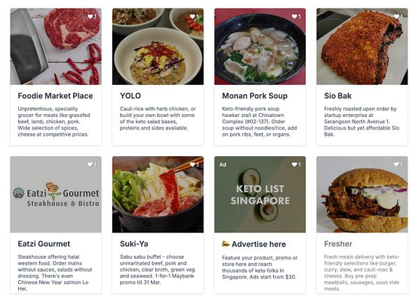 The image displays a grid of food listings from various eateries in Singapore, highlighting keto-friendly options.
