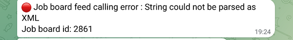 A notification message indicating an XML parsing error in a job board feed.