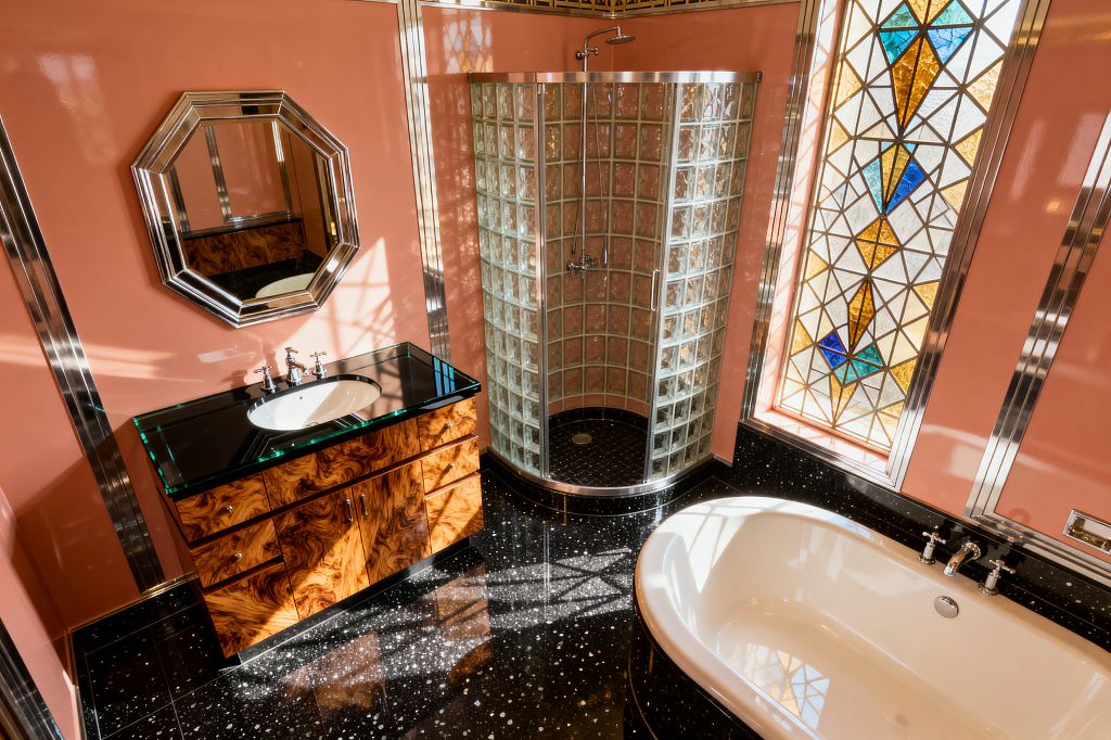 Art Deco bathroom with blush pink walls trimmed in polished chrome. A curved corner shower uses glass blocks; a white oval bathtub sits in a black, speckled terrazzo surround. The vanity features a burl wood cabinet and black glass countertop with an oval sink, topped by an octagonal chrome-framed mirror. A tall stained-glass window in amber, teal, and blue throws colored light across the glossy floor.