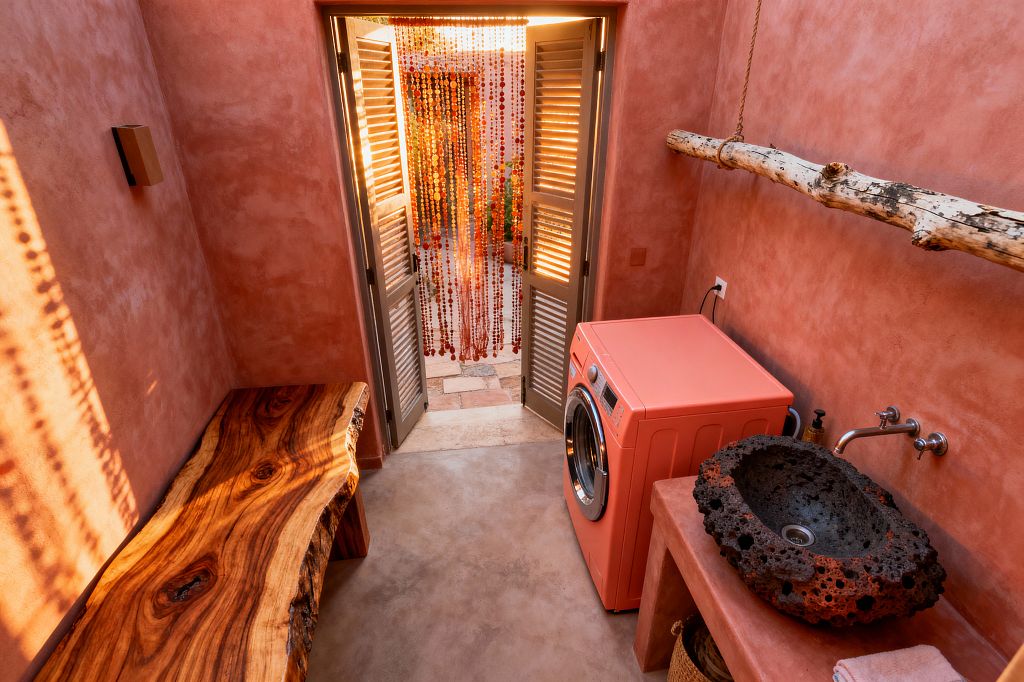 A compact bohemian laundry room with coral-pink plaster walls and a smooth concrete floor features a coral front-loading washer, a porous black lava-stone vessel sink with a wall-mounted stainless faucet, and a live-edge wood bench. A natural branch suspended by rope serves as a hanging rod. Louvered double doors open to a patio veiled by a red-orange beaded curtain, with warm sunlight casting patterned shadows across the space.