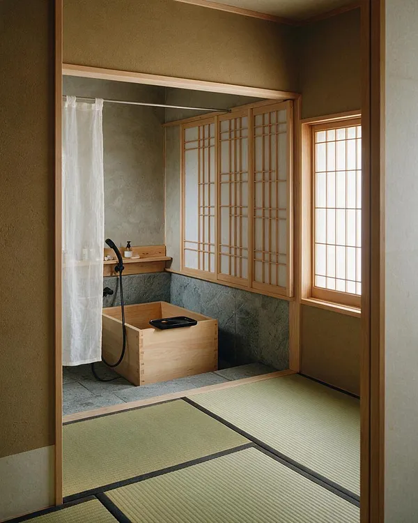 A Japanese Zen master bathroom with tatami mats in the foreground, a light wood soaking tub, and shoji-style sliding screens. Soft natural light filters through the window, highlighting stone walls, a white shower curtain, and warm wood trim.