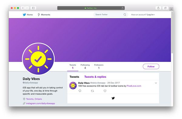 A Twitter profile for 'Daily Vibes' featuring a purple background and a logo.