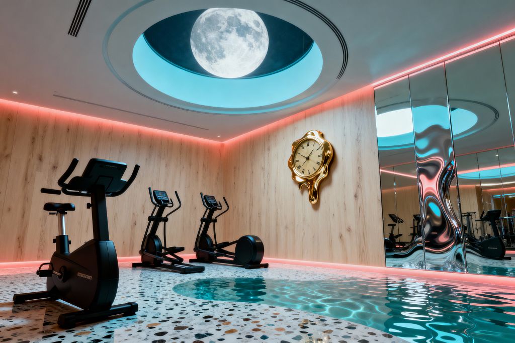 Home gym featuring a black stationary bike and two elliptical trainers against pale wood walls with neon pink edge lighting. An aqua-lit circular ceiling oculus shows an oversized moon; a gold-tone melting clock hangs nearby; a rippled mirrored wall reflects the machines; and speckled terrazzo flooring appears to turn into a small pool of water, creating a surreal, dreamlike workout setting.