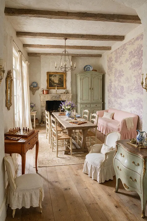 A French Country style game room with exposed wood ceiling beams, a stone fireplace, and a rustic dining table used as a game table. The room features pale lavender toile wallpaper, distressed painted cabinetry, vintage-style upholstered chairs, and soft pink and cream seating, creating a warm, elegant, lived-in atmosphere.