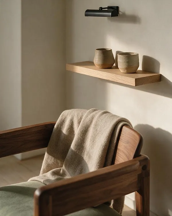 A serene Japandi-style corner with a wooden armchair draped in a soft beige throw, set against a light plaster wall. Above it, a slim floating oak shelf holds two small ceramic cups beneath a black wall sconce, all lit by warm natural sunlight.