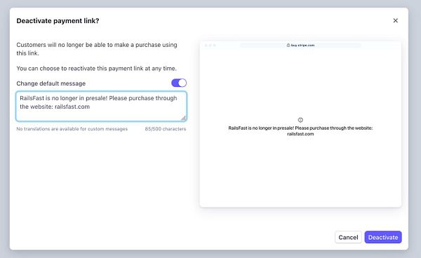 Screenshot of a Stripe payment link management interface highlighting the RailsFast presale payment link.