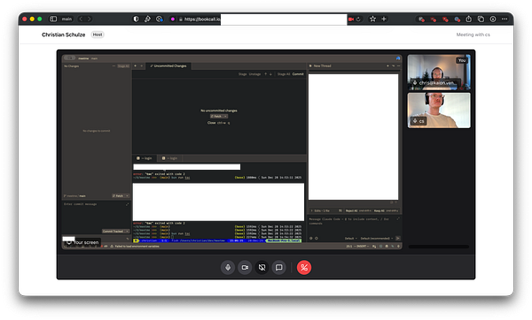 A screen sharing session is in progress, displaying a coding interface alongside a video call with two participants.