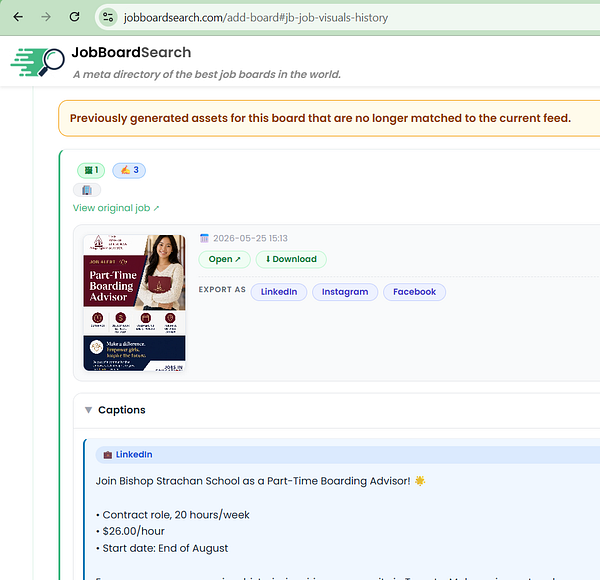 Screenshot of an interface labeled 'Job Visuals AI' showing sections for New Visual Prompts and Previously Generated Assets, with multiple AI-generated images.