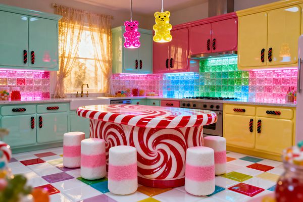 A playful kitchen styled like a candy shop shows glossy mint, pink, and yellow cabinets with black-and-red licorice-style pulls. A red-and-white peppermint-swirled island is surrounded by marshmallow-like stools and lit by gummy-bear pendant lights, with backlit glass-block tiles glowing pink, blue, and green, a stainless-steel range, white counters, lace curtains, and a white floor dotted with multicolored squares.