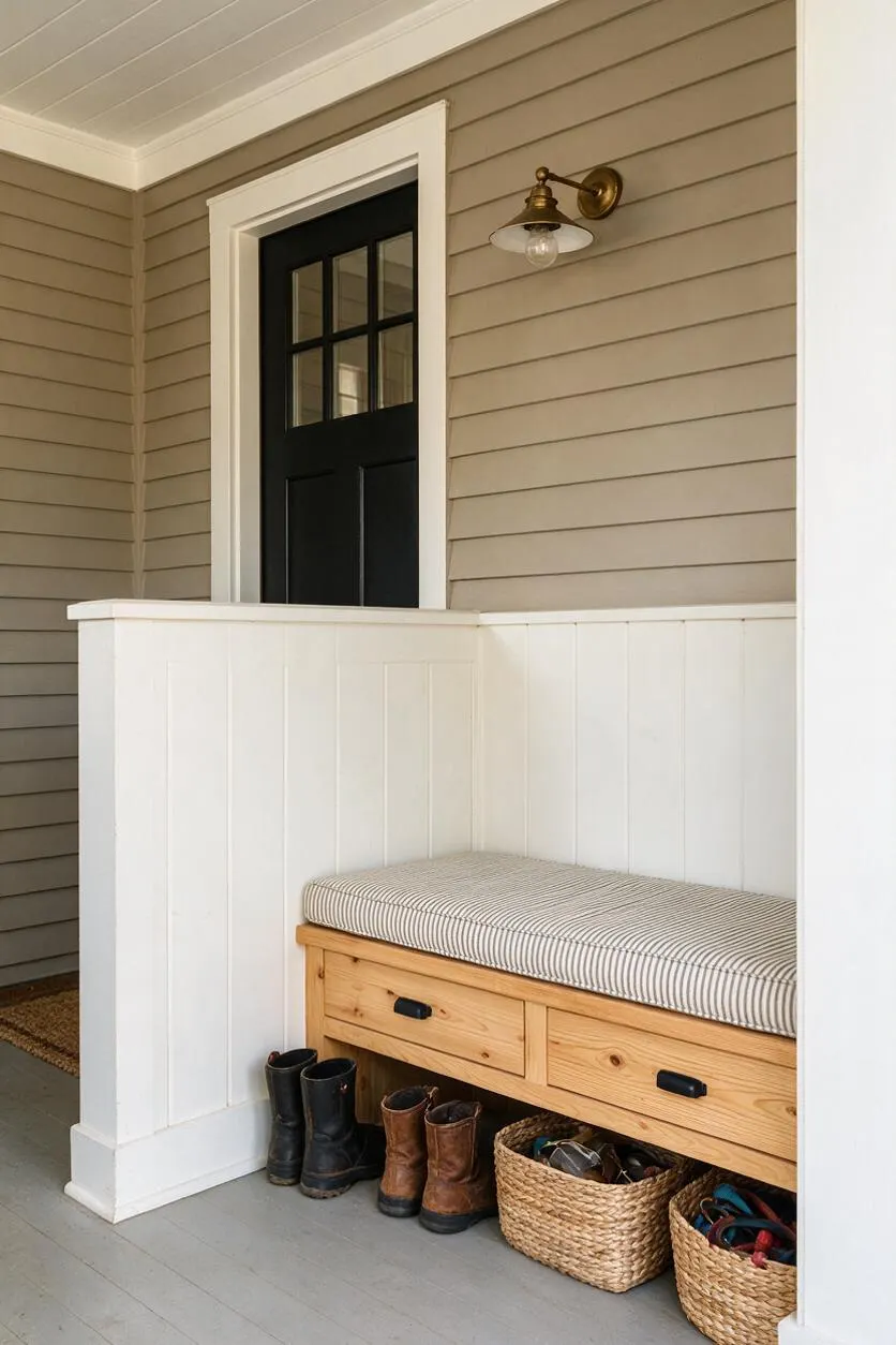 A farmhouse front porch with taupe horizontal siding, a black door with divided glass panes, and a brass wall sconce above white beadboard wainscoting. A light wood storage bench with a striped cushion sits against the half wall, with boots and woven baskets neatly stored below on a gray painted floor.