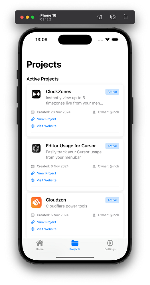 The image displays a mobile app interface showcasing active projects for a client.