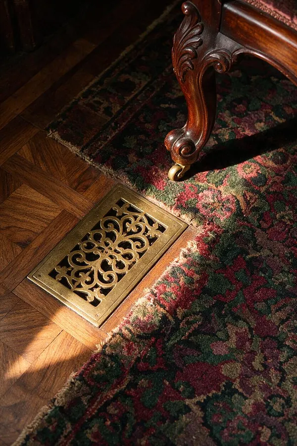 A close-up of a Victorian-style interior floor showing rich herringbone wood parquet, a decorative brass floor vent with scrollwork, and the carved leg of a polished wooden chair or sofa. A dark floral rug in deep green, burgundy, and muted gold adds texture and warmth.
