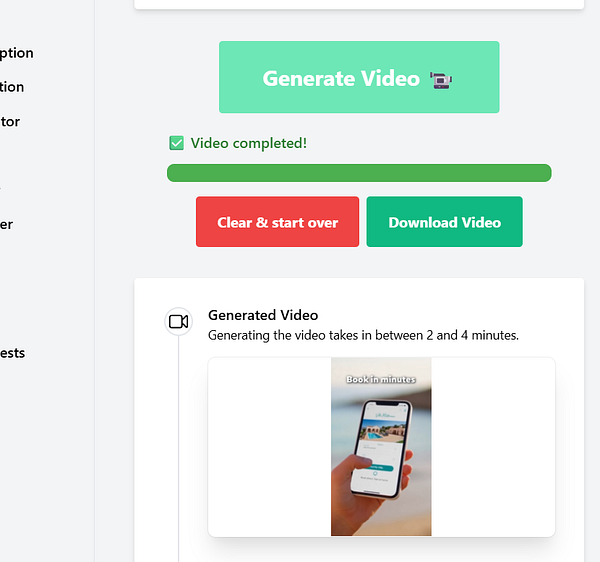The image displays a user interface for a video generation tool with completion status and action buttons.