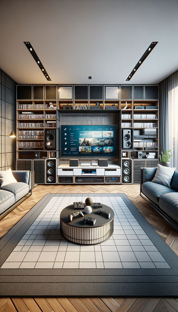 A modern living room with a sleek entertainment center housing a flat screen TV, speakers, and gaming consoles, with neatly organized cables and a mix of open shelves and cabinets storing movies and games.