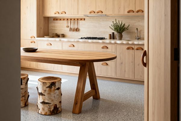 A Scandinavian kitchen with light oak cabinets and semicircular wooden pulls, a cream travertine backsplash and scalloped stone countertop, and a slim stainless faucet beside a gas cooktop. A wood peg rail holds utensils, with ceramic vessels and a green sprig for softness. An oval solid-wood table stands over pale terrazzo, paired with two birch log stools. Sunlight brightens the warm, natural palette.
