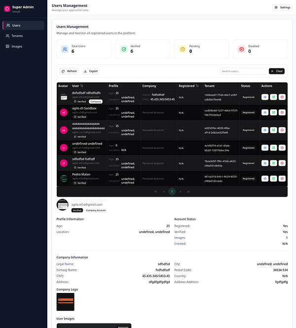 The image displays a user management interface for an admin panel, showing details of registered users.