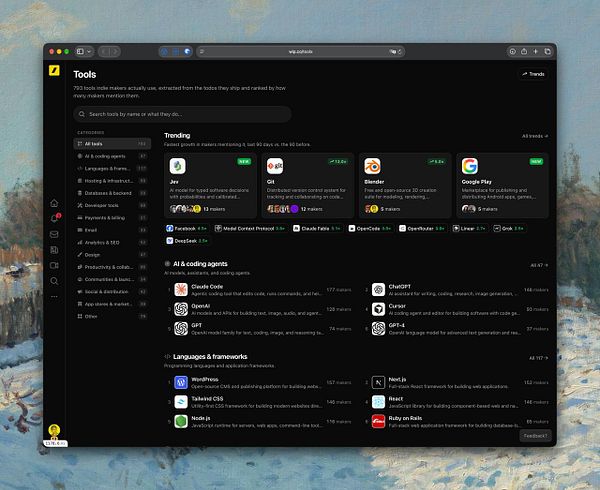 Dark-themed web interface for wip.co/tools showing a categorized list of 793 indie maker tools with a Trending section and filters.