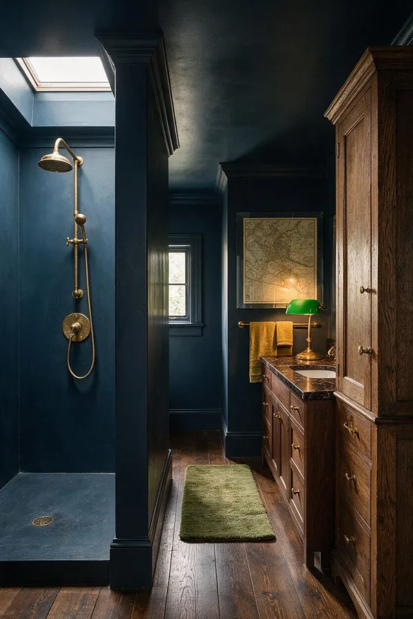 A narrow master bathroom with deep blue walls, dark wood floors, and brass fixtures. The space includes a walk-in shower on the left, a wood vanity and tall cabinet on the right, a green-shaded table lamp, a framed map, and a small olive rug, creating a moody Dark Academia atmosphere.