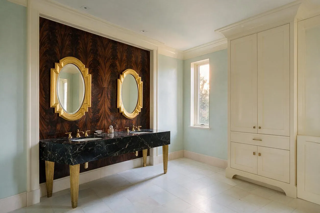 A refined powder room with pale blue walls, a dramatic dark patterned accent wall, and two gold-framed oval mirrors above a black marble double vanity. Cream built-in cabinetry stands to the right, and the room is finished with a light tiled floor and soft natural light from a narrow window.