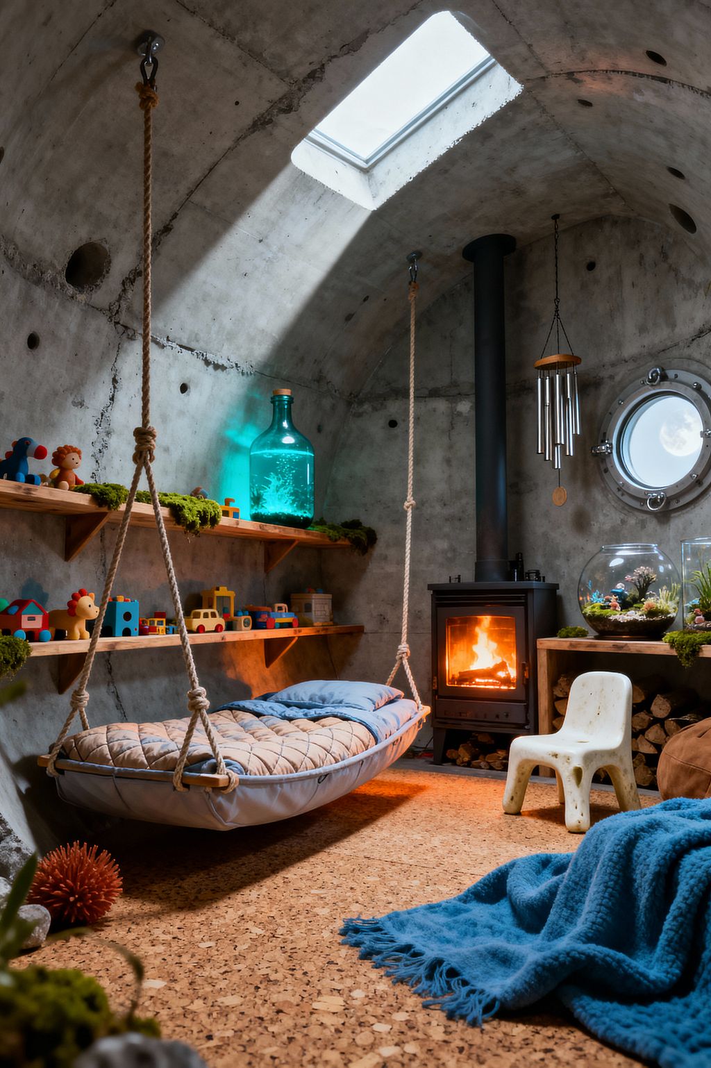 Child’s room with arched concrete walls like a bunker, lit by a roof skylight and a round porthole window. A rope-hung hammock bed with quilted bedding floats above cork flooring, near a black wood-burning stove and stacked logs. Pine shelves hold wooden toys, patches of moss, and a glowing aqua bottle; a small plastic chair, blue knit blanket, and glass terrariums add softness. The scene balances rugged, survivalist materials with cozy warmth and playful details.