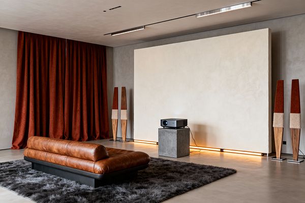A minimalist media room features a large off-white projection wall against gray plaster surfaces. A low cognac leather daybed sits centered on a deep charcoal shag rug. Rust red blackout curtains cover the left wall. A projector rests on a concrete pedestal with a warm LED strip washing the base of the wall. Four tall sculptural walnut floor speakers with rust and cream wool panels stand symmetrically. Recessed linear ceiling lights provide soft illumination.
