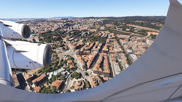 Aerial view of Lisbon from an A380 aircraft window.