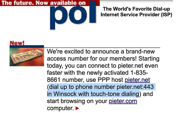 The image displays an announcement for a new dial-up access number for the internet service provider pieter.net.