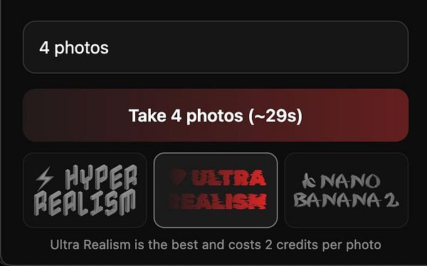 User interface screenshot of a photo editing software displaying a menu for selecting photo style presets including Ultra Realism.