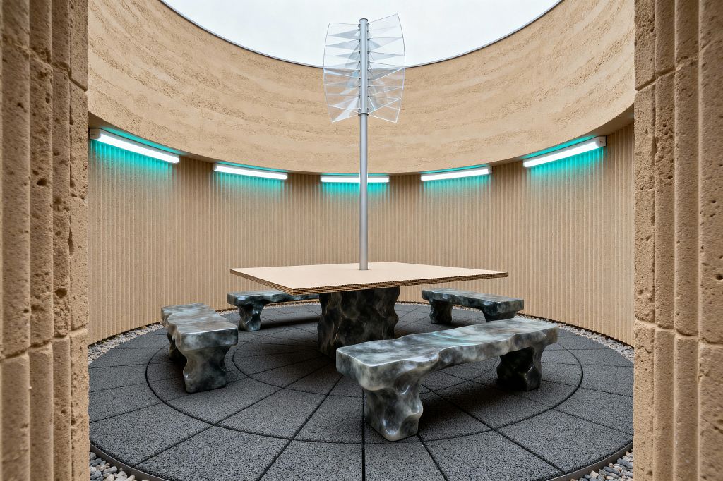 A circular open-air patio with sand-beige ribbed walls and an oculus above. Teal LED light bars line the perimeter. In the center, a square layered-wood tabletop hovers on a dark, sculptural base with a slim aluminum mast topped by translucent fins. Four matching smoky-gray marbled benches sit on dark radial pavers, with a ring of gravel at the edge.