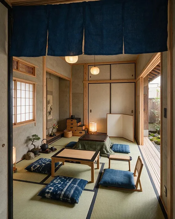 A serene Japanese Zen-style closet or dressing room with tatami flooring, light wood framing, sliding shoji-style doors, and indigo fabric curtains hanging across the top. Low wooden furniture, floor cushions, a lantern, and a small garden view create a calm, minimalist atmosphere.