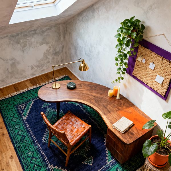 A Bohemian attic workspace centers on a curved walnut desk with a drawer pedestal, a woven leather chair, and a brass task lamp atop a deep blue and emerald patterned rug. Limewashed white walls and a skylight provide soft light, while a woven pinboard with a purple backing, a trailing vine plant, a terracotta potted plant, candles, and a small marble object add layered natural textures.