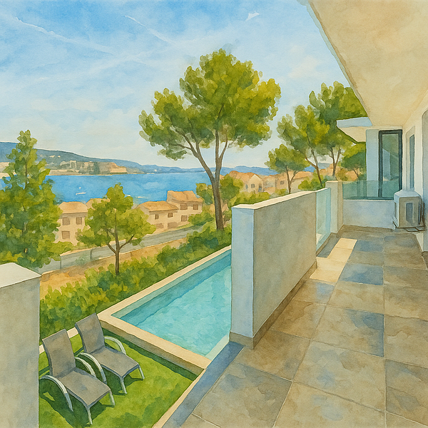 A serene balcony view overlooking a coastal landscape with a swimming pool and lounge chairs.