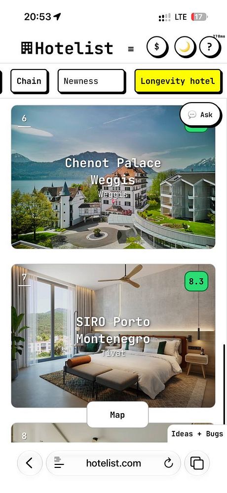 Mobile app interface displaying a Hotelist filtered by 'Longevity hotel' with ranked hotels and scores.