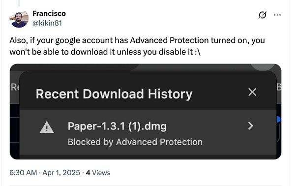 A screenshot of a tweet discussing issues with downloading a Mac app due to Google account settings.