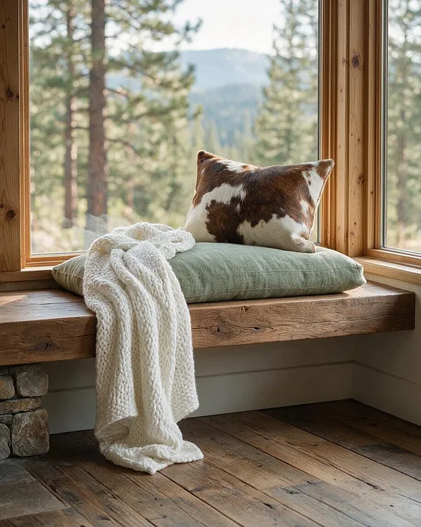 A cozy rustic window seat sits beside large picture windows framing a wooded mountain landscape. The bench is made of thick reclaimed wood and styled with a sage green cushion, a brown-and-white patterned pillow, and a chunky cream knit throw draped over the edge.