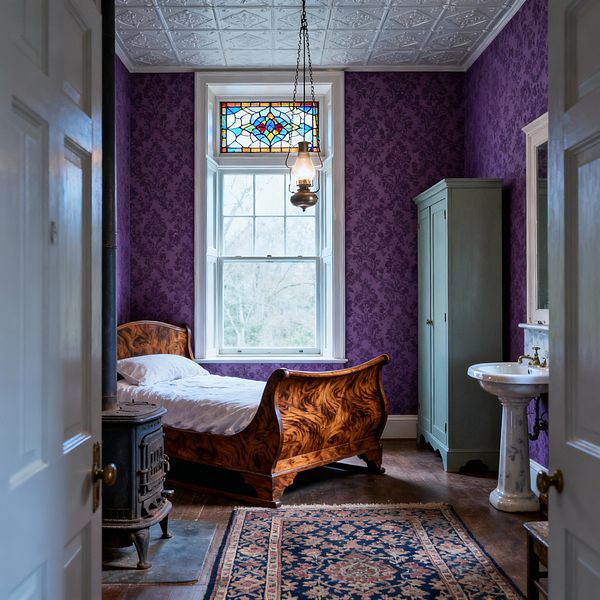 An intimate Victorian bedroom with deep purple damask wallpaper and a white pressed-tin ceiling. A burled wood sleigh bed sits under a sash window topped by colorful stained glass and a hanging lantern; a cast-iron stove and patterned rug warm the wood floor, while a sage-green armoire and a white porcelain pedestal sink line the right wall.