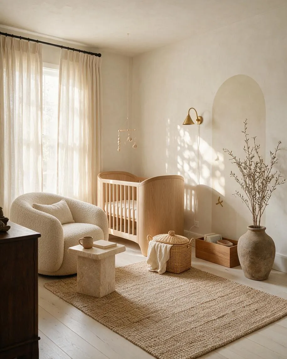 A serene kids' room with an organic modern nursery setup featuring a light wood crib, cream bouclé chair, woven rug, and soft ivory curtains. The space includes a stone side table, wicker basket, ceramic vase with branches, and warm neutral walls with a simple arched accent painted on the right side.