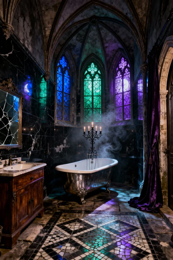 Atmospheric Gothic bathroom with a ribbed-vault ceiling and tall lancet stained-glass windows in green, blue, and purple. A polished metal clawfoot tub sits beneath the windows beside a wrought-iron candelabra, with steam rising from the bath. Black marble walls surround a walnut vanity with a white marble sink and a cracked gilt-framed mirror. The floor shows a black-and-white mosaic, and deep purple drapery hangs at the right.