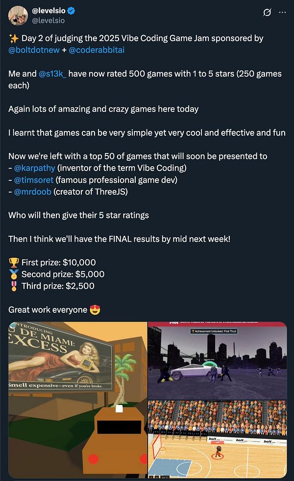 The image features a split-screen showcasing two different video game scenes related to the 2025 Vibe Coding Game Jam.