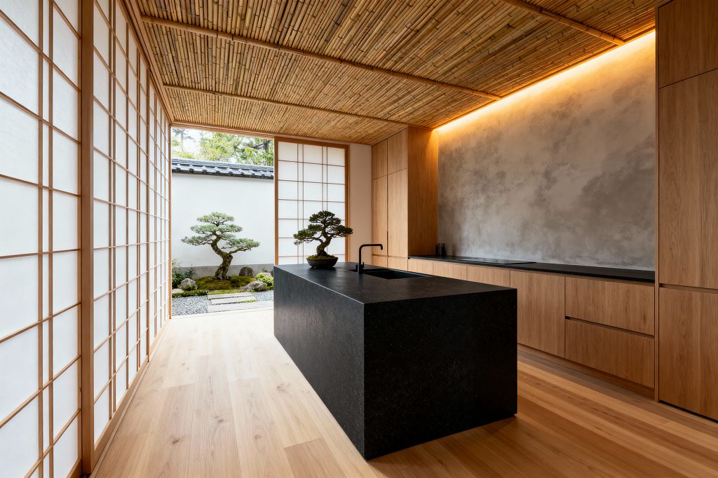 A Japanese-inspired kitchen features sliding shoji screens with washi paper, a bamboo slat ceiling, and light oak flooring. Warm oak cabinetry lines one wall with black stone worktops, while a monolithic matte black island with integrated sink sits central. Soft cove LED lighting grazes a gray plaster wall. Doors open to a small courtyard with a pruned pine and gravel, and a bonsai planter rests on the island, reinforcing the serene minimalism.